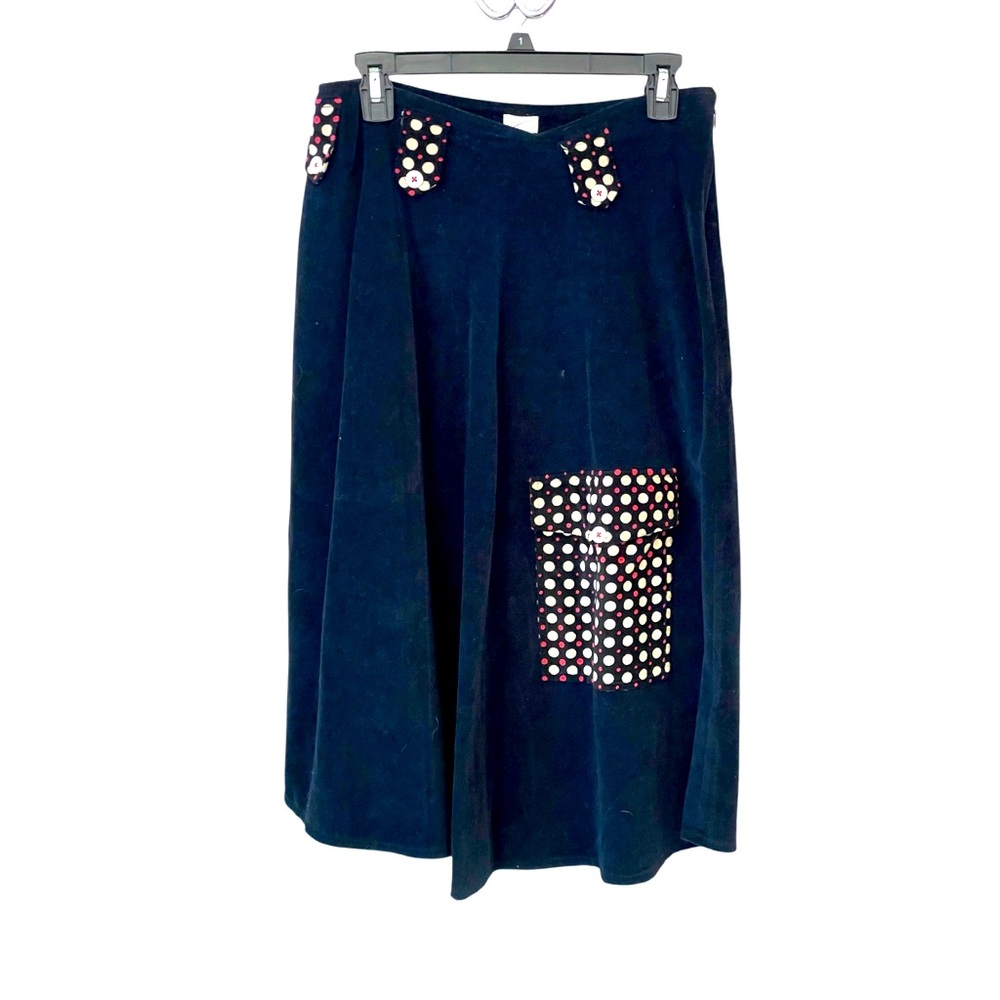 Snak Anthropologie navy velveteen skirt w/polkadot pocket and trim